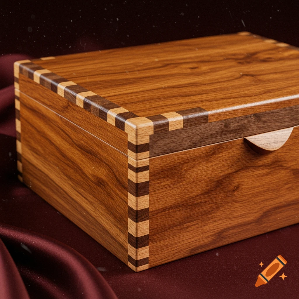 Close-up of a richly detailed wooden jewelry box with contrasting light and dark wood dovetail joinery, on a dark red satin background.