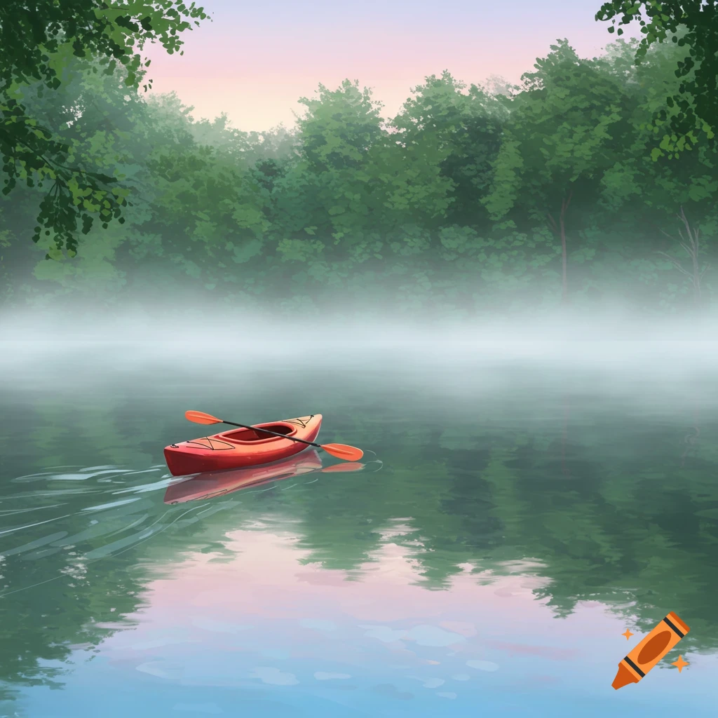 A vibrant red kayak with paddles floats on a calm, misty lake surrounded by green trees under a soft, colorful sky, illustrated.