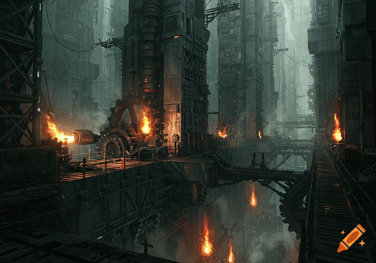 A dark, gritty dystopian cityscape with towering metallic structures, grinding gears, and sparks flying, creating a menacing, industrial atmosphere.
