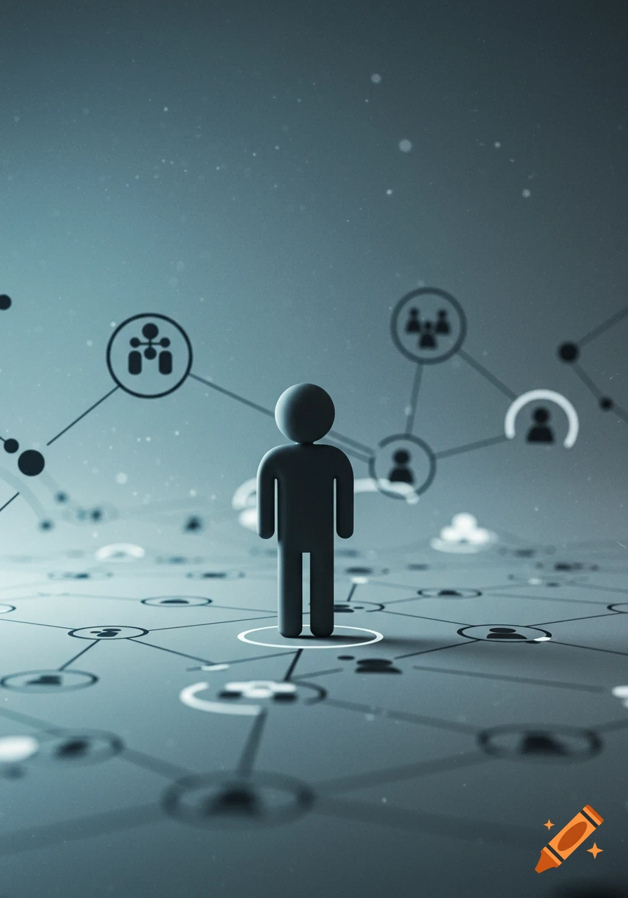 A stylized figure stands on a network grid with abstract icons representing connections, in a digital rendering.