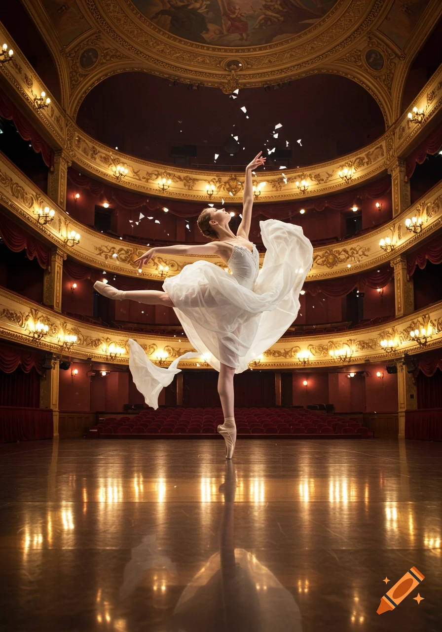 A ballerina in a flowing white dress dances on a reflective stage in a grand, empty opera house, with golden accents and red seating.