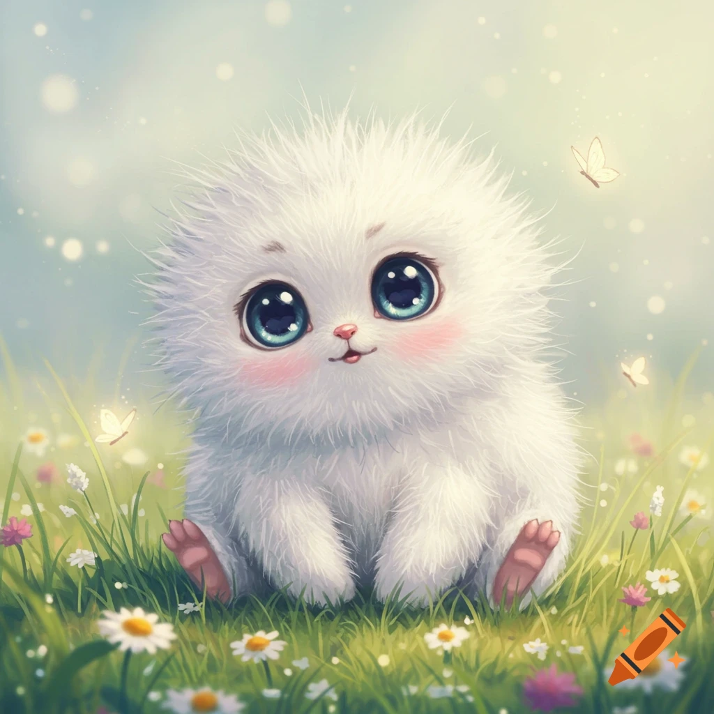 A cute, fluffy white creature with large blue eyes and pink cheeks sits in a grassy field with daisies and butterflies.
