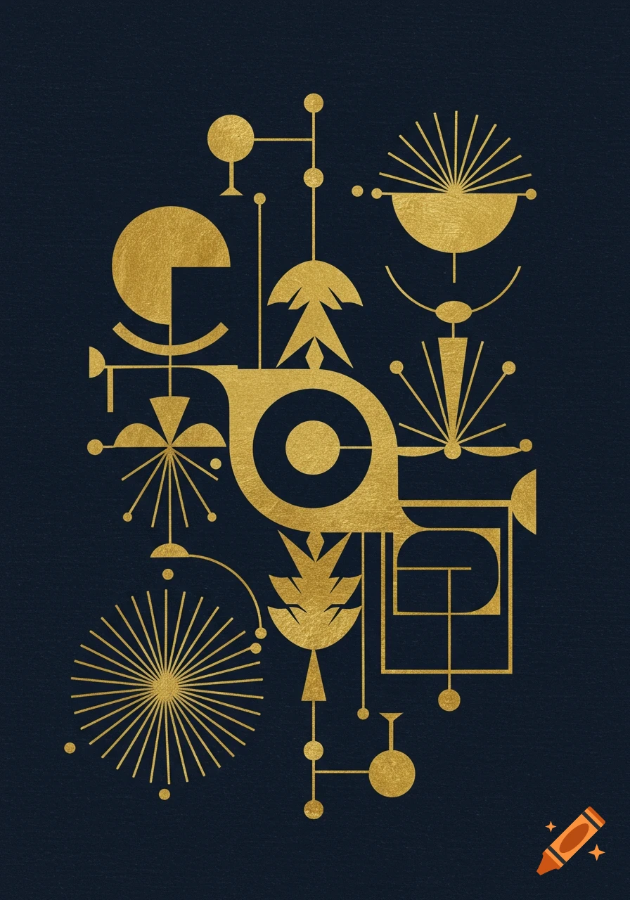 Mid-century modern geometric abstract artwork in gold on a navy blue background.