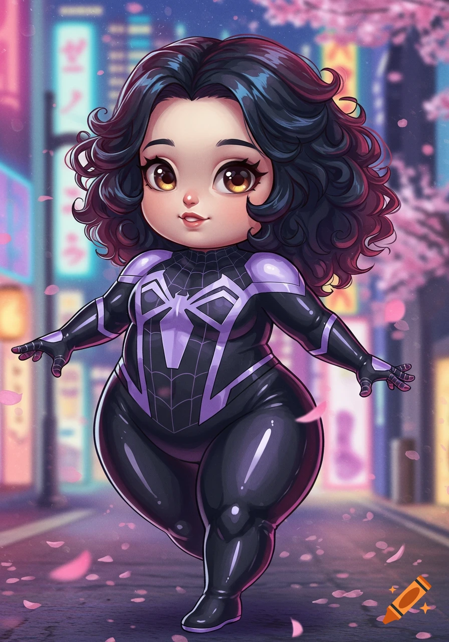 Chubby anime Spider-Woman in a black and lilac suit with curly dark hair and honey brown eyes walks on a city street with cherry blossoms.