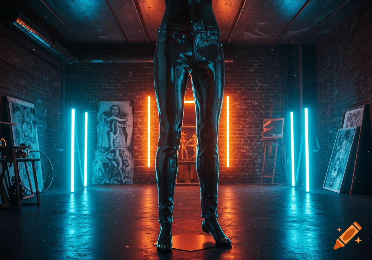 A close-up shot of a mannequin wearing shiny, dark chrome jeans, standing in a dimly lit room with neon blue and orange light bars and artwork on brick walls.