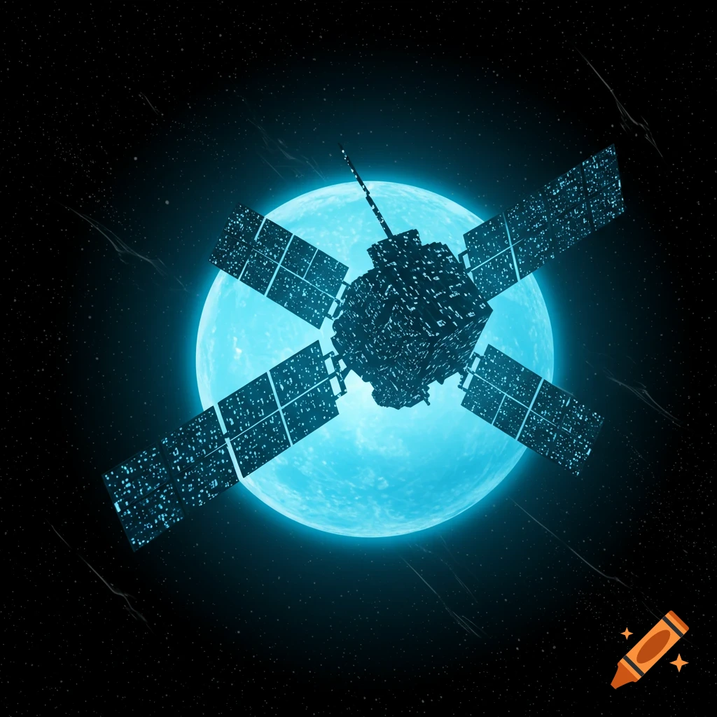 A pixelated satellite with large solar panels orbits above a glowing blue moon in deep space.