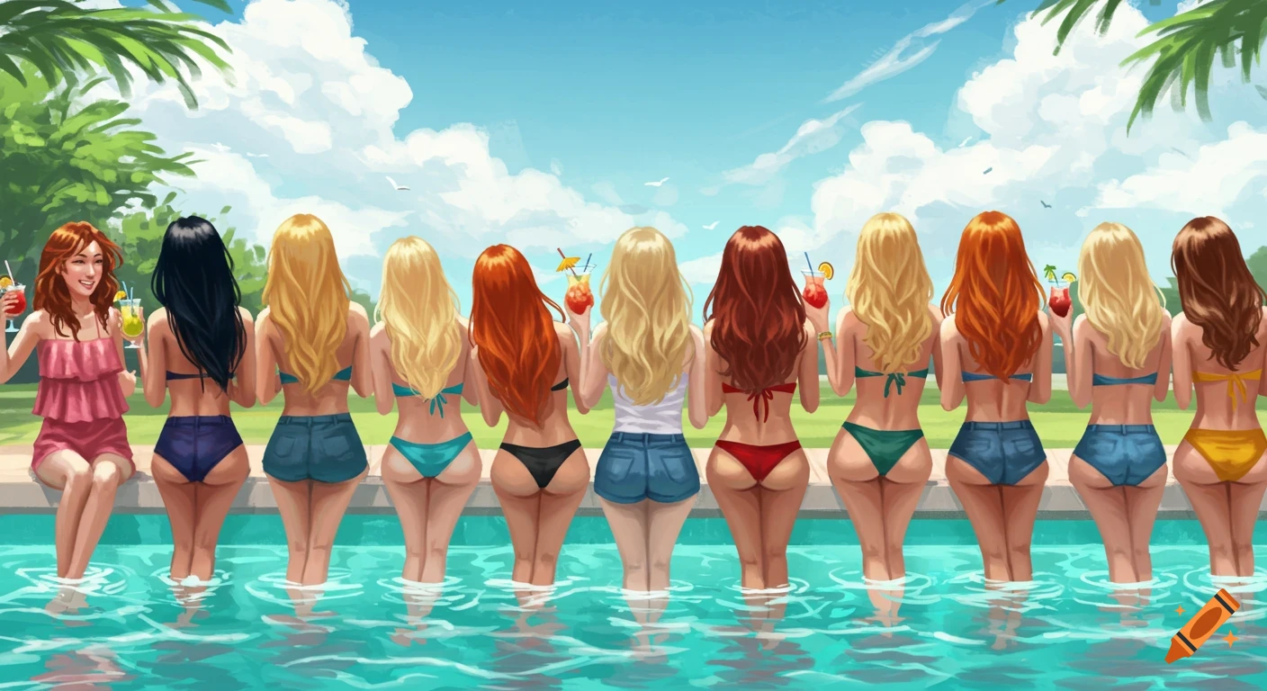 A line of women in swimsuits by a pool, one woman smiling at the camera and holding a drink, with palm trees and a blue sky in the background.