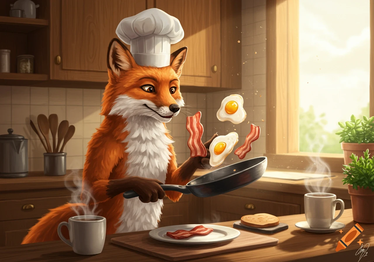 An anthropomorphic fox chef in a kitchen, flipping bacon and eggs in a pan.