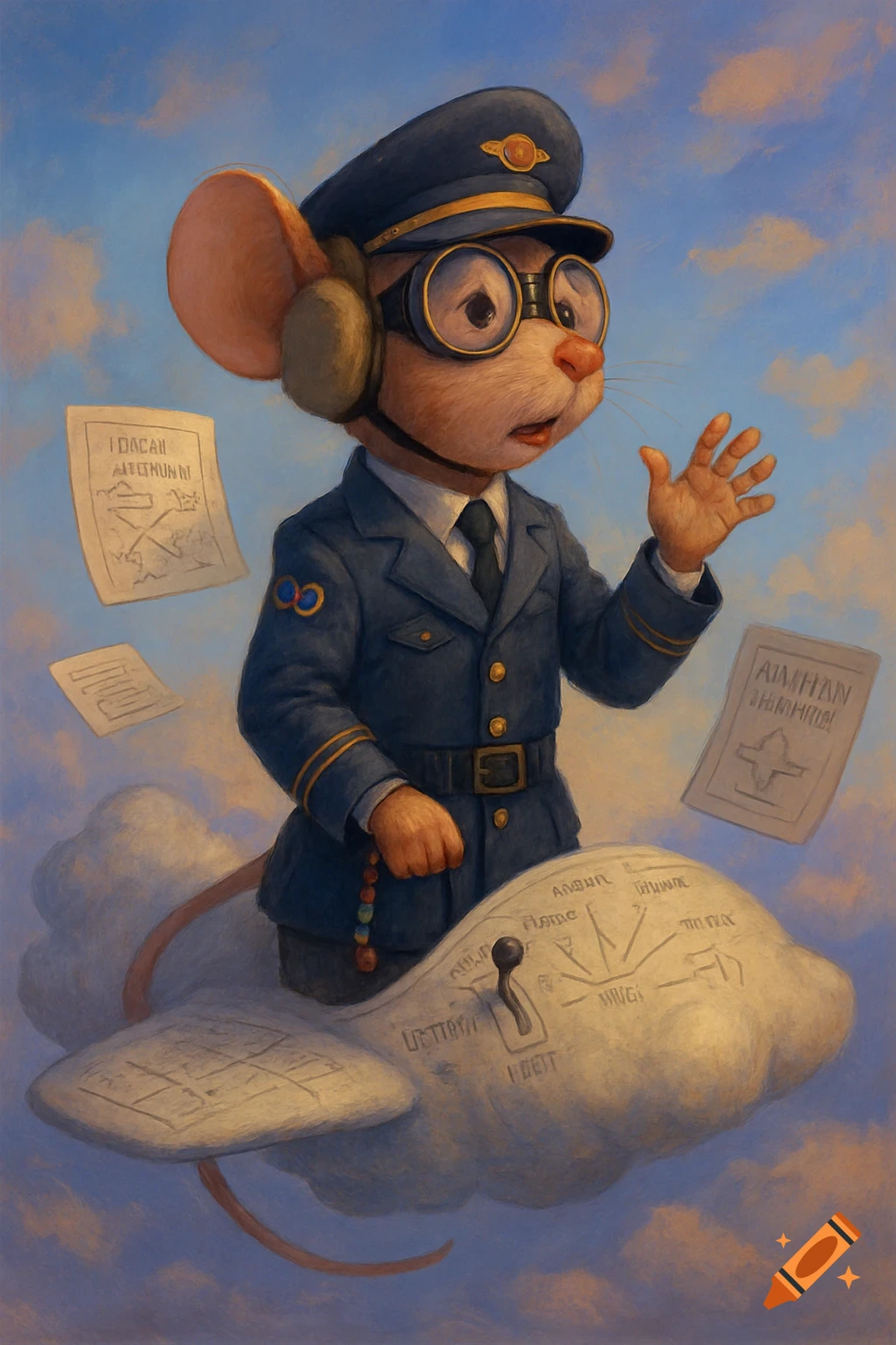 A whimsical illustration of a mouse pilot in uniform, goggles, and earmuffs, standing on a cloud glider, with papers floating around him.