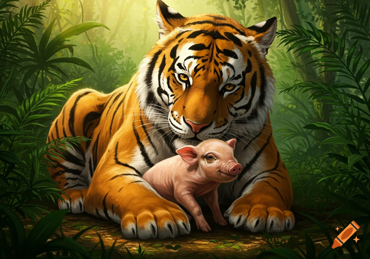 A large tiger lies in a lush jungle, gently looking down at a small pink pig standing between its paws. Digital painting.