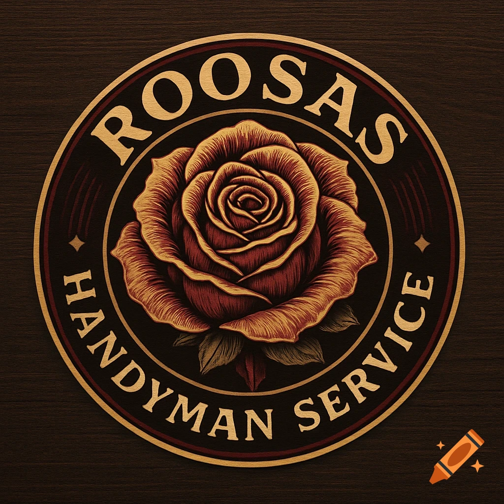 Circular logo with a red and orange rose in the center, encircled by the text 'ROOSAS HANDYMAN SERVICE' in a classic font, on a dark wood background.