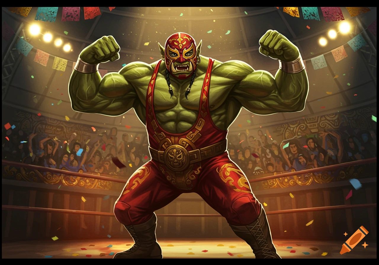 Vibrant illustration of a green orc luchador in a red mask flexing in a wrestling ring with cheering fans.