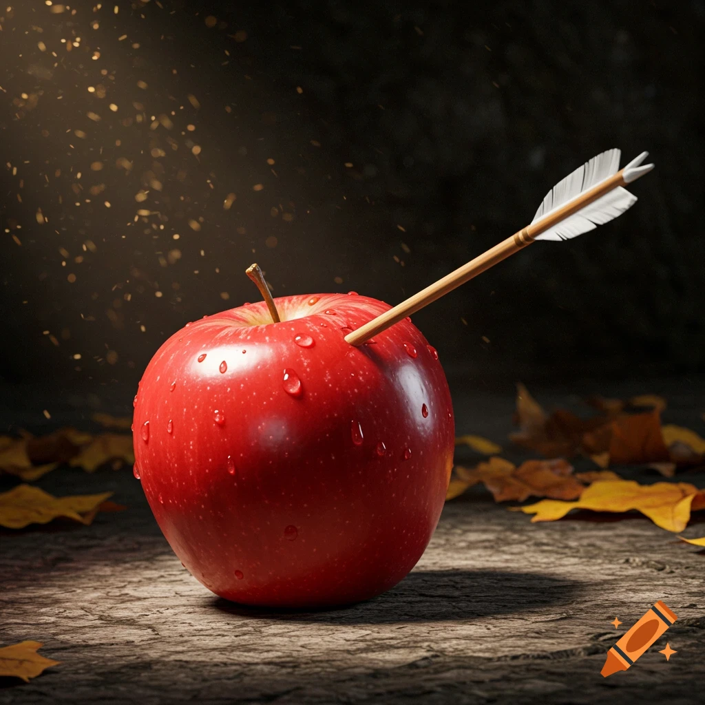 Photorealistic image of a red apple pierced by a wooden arrow, covered in water droplets, on a rustic wooden surface with golden light.