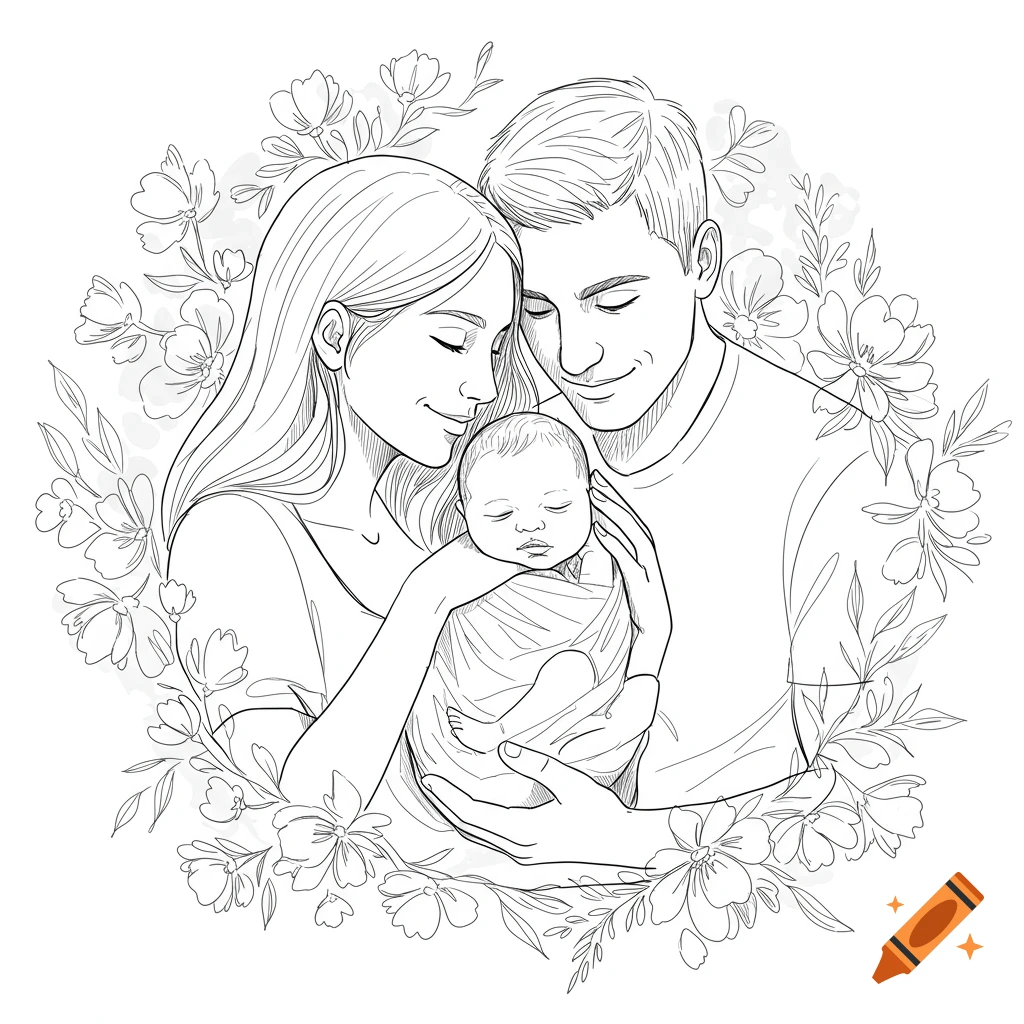 Outline drawing of a loving couple cradling their newborn baby surrounded by flowers.