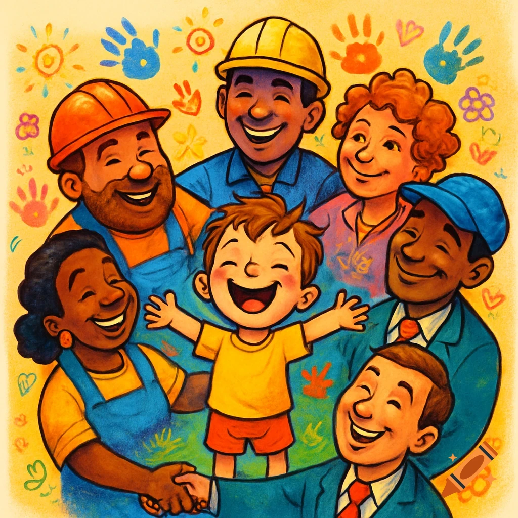Cartoon illustration of a happy child surrounded by smiling adults in worker attire, with colorful handprints and suns in the background.