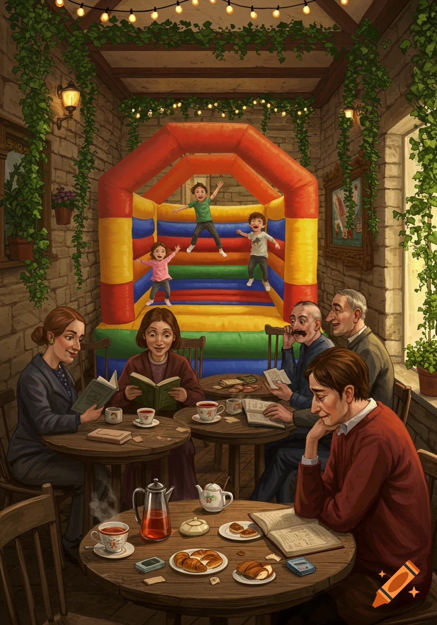An indoor cafe scene with adults reading and chatting at tables, while three children play in a large, colorful bounce house in the background. Vines hang from the ceiling with string lights, and there are pastries and drinks on a table in the foreground.