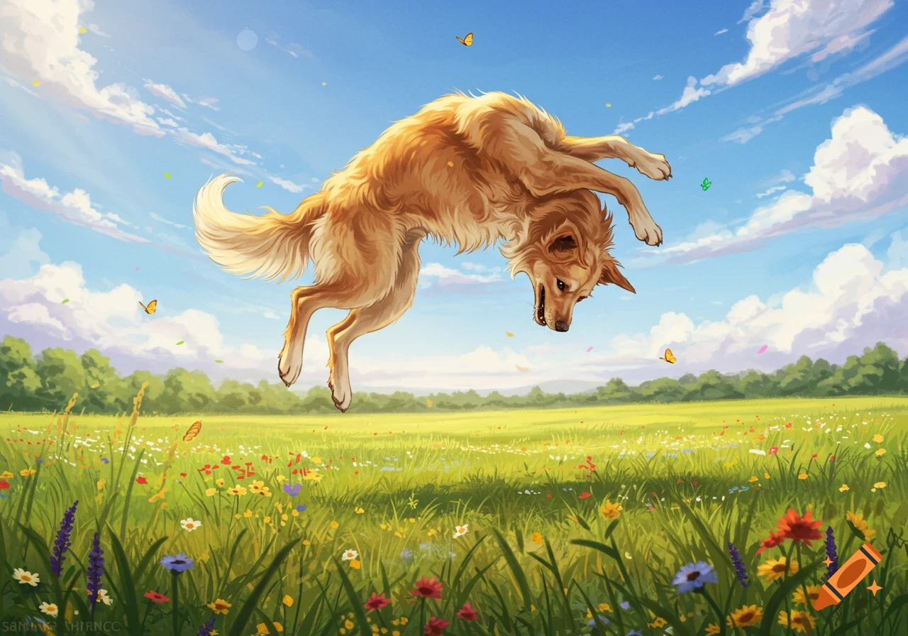 A happy golden dog leaps playfully in a vibrant, sunny meadow with colorful wildflowers and butterflies under a blue sky.