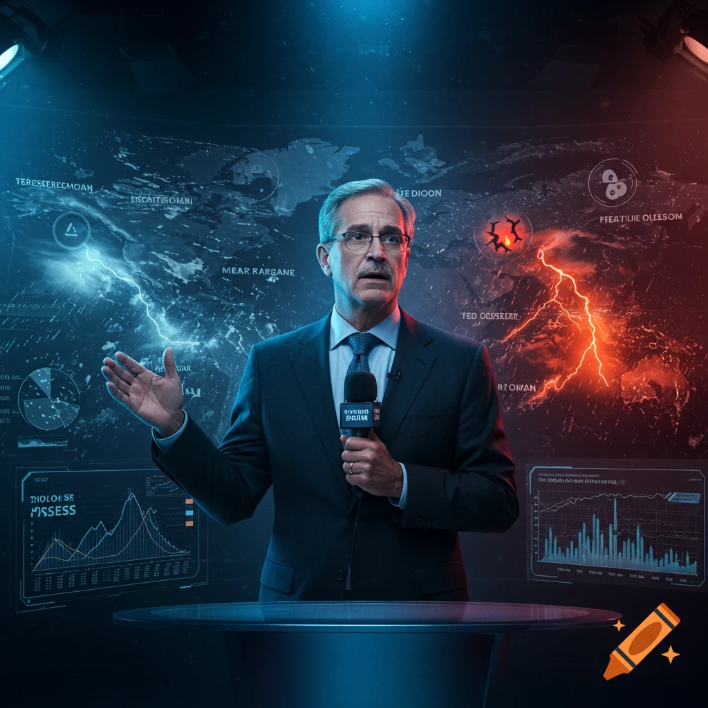 A man in a suit, holding a microphone, stands in a dramatic news studio with a glowing map and data displays behind him.