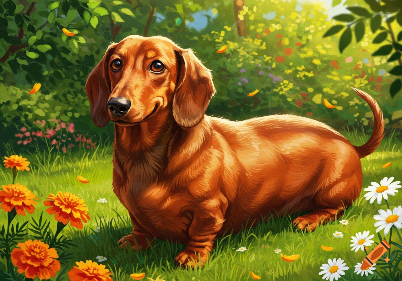 A happy dachshund dog sits in a vibrant green field with colorful flowers under a bright sky, in a painterly style.