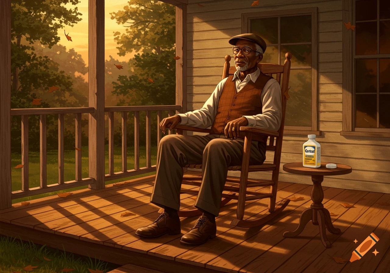 An elderly man sits in a rocking chair on a wooden porch at sunset, with a bottle on a small table beside him.
