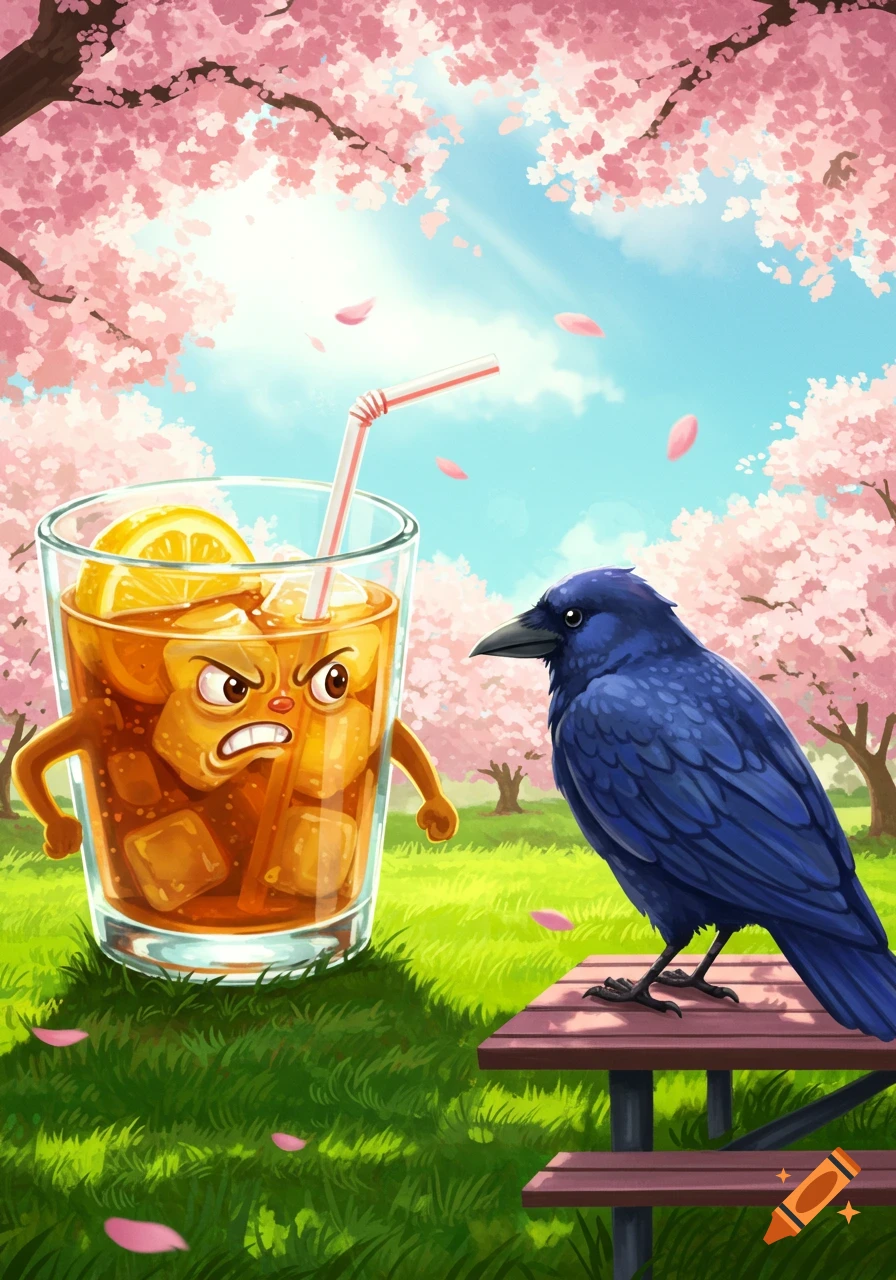 An angry cartoon glass of iced tea with a straw stands in a sunny park, facing a large blue crow on a picnic table under pink cherry blossom trees.