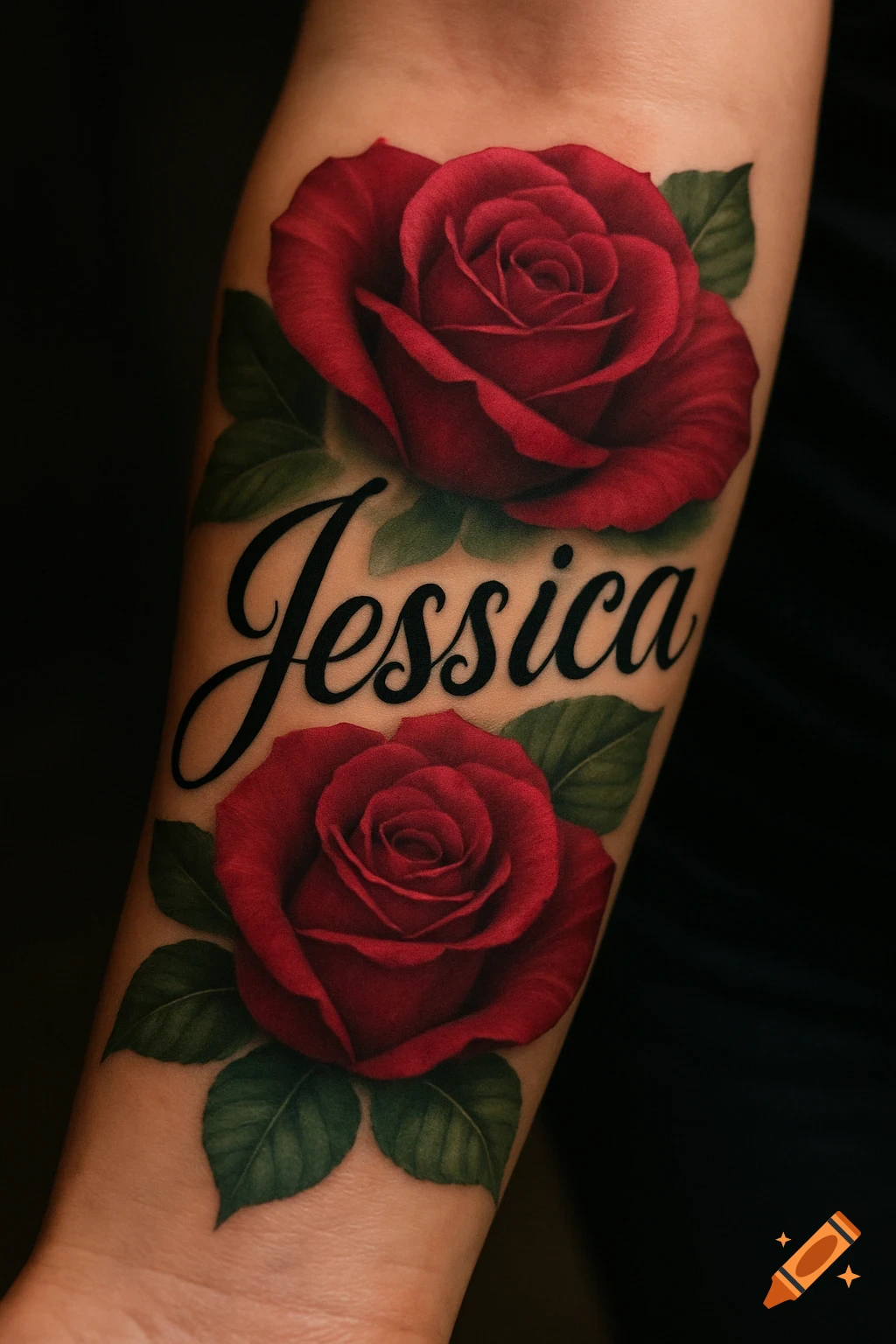 A photorealistic tattoo of the name 'Jessica' flanked by two red roses and green leaves on a forearm.