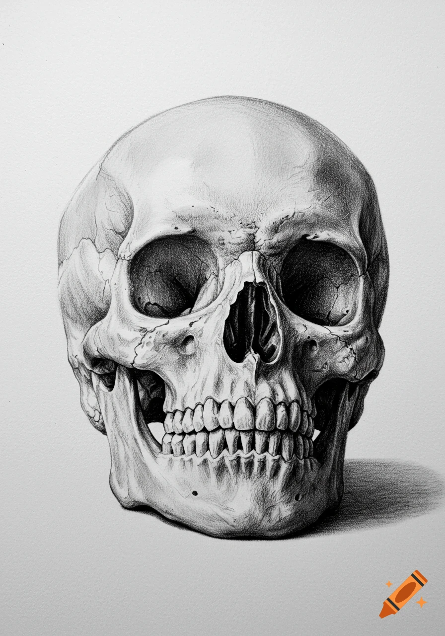 Detailed hyper-realistic pencil sketch of a human skull.