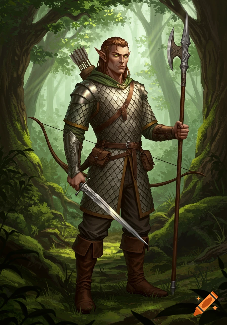 An elf ranger in scale mail armor, holding a sword and a polearm, with a bow on his back, stands in a green forest.