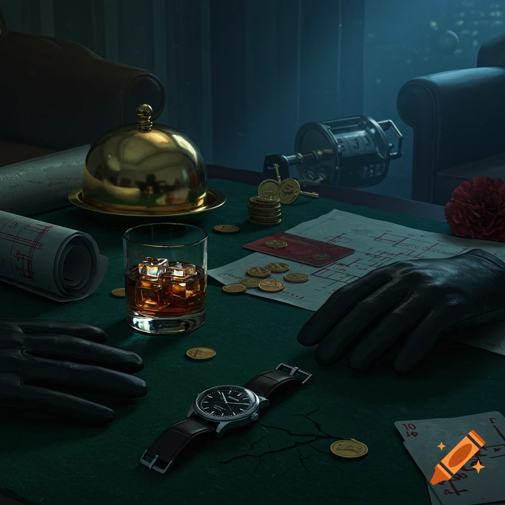 A dark, moody still life showing a green felt table with black gloves, a watch, a glass of whiskey, blueprints, coins, and a playing card.