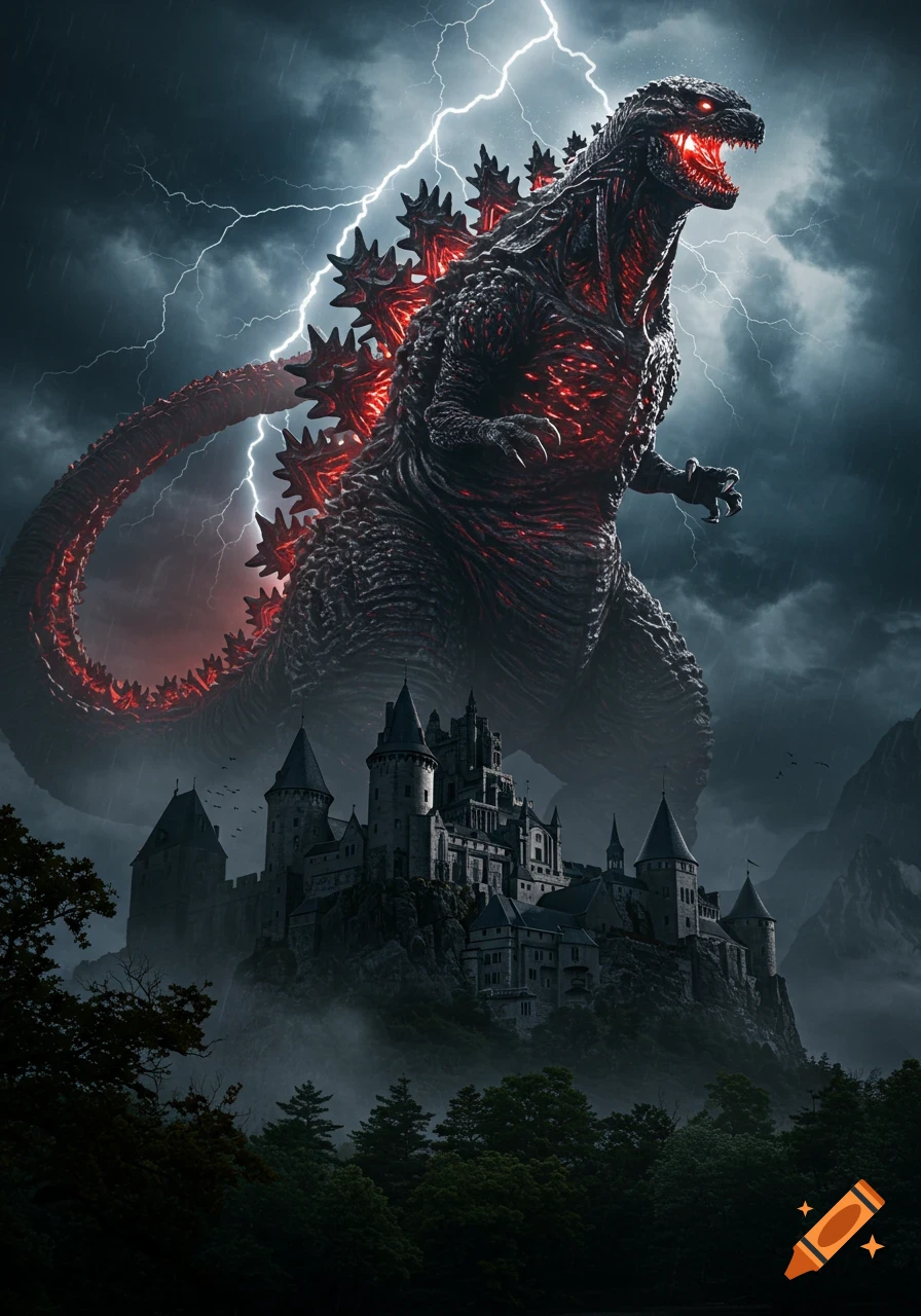 A monstrous Shin Godzilla with glowing red spikes looms over a large, gothic castle on a stormy, lightning-filled night.
