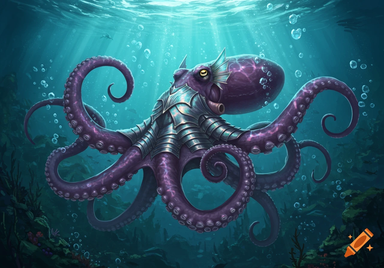 A vibrant purple octopus wearing detailed silver battle armor swims in a sunlit underwater scene with bubbles and coral.