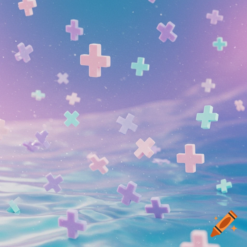 Soft pastel-colored 3D plus signs float above a reflective surface against a gradient background of pink, purple, and blue.