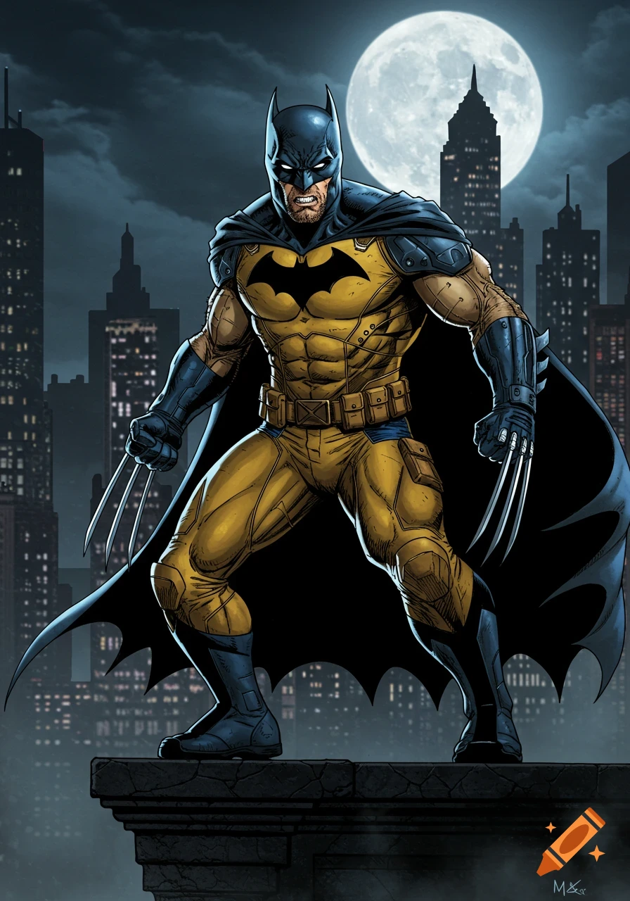A muscular Batman-Wolverine hybrid stands on a gothic rooftop, claws extended, against a full moon and dark city skyline in a comic art style.