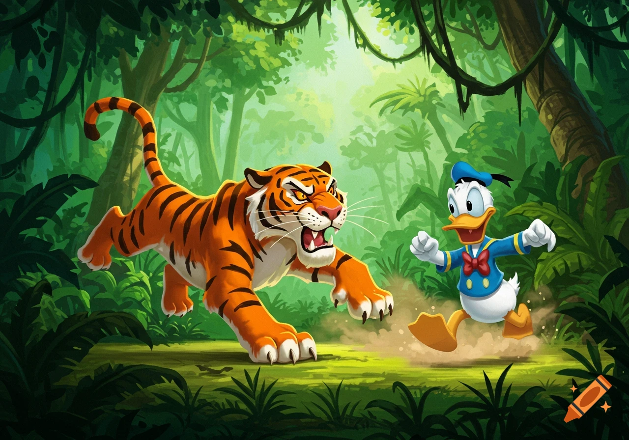 A cartoon tiger with an angry expression chases Donald Duck through a lush green jungle.