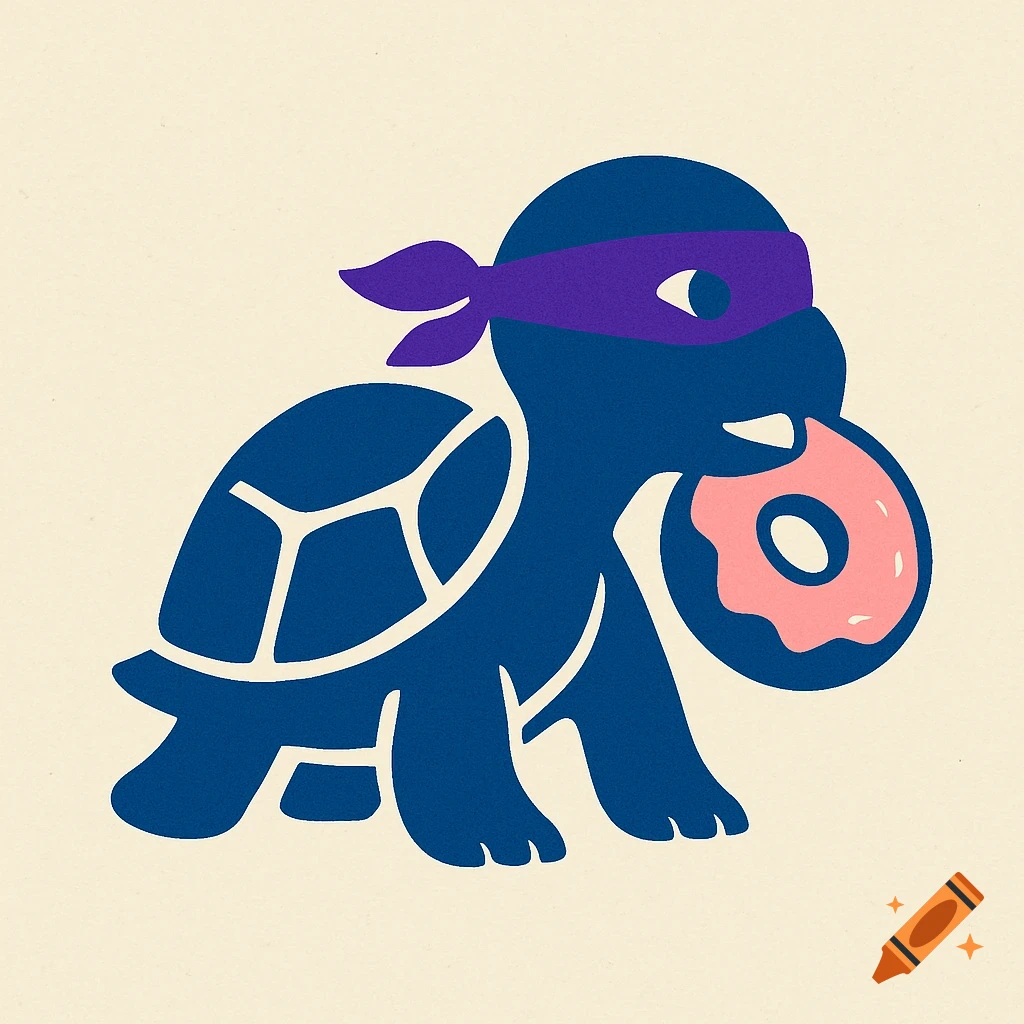 Minimalist blue turtle with a purple eye mask eating a pink donut.