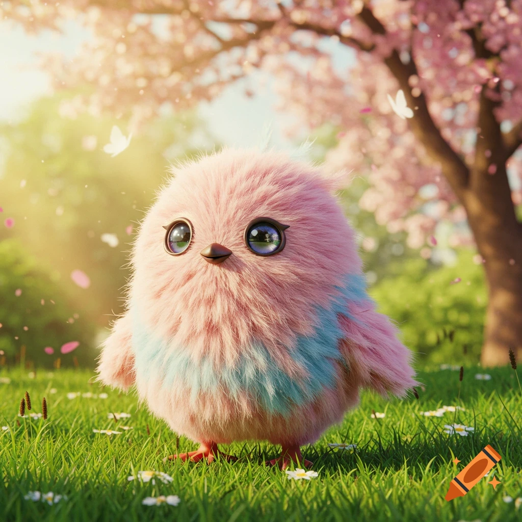 A fluffy pink and blue bird-like creature stands in a grassy field with white flowers under a cherry blossom tree with falling petals, bathed in sunlight.