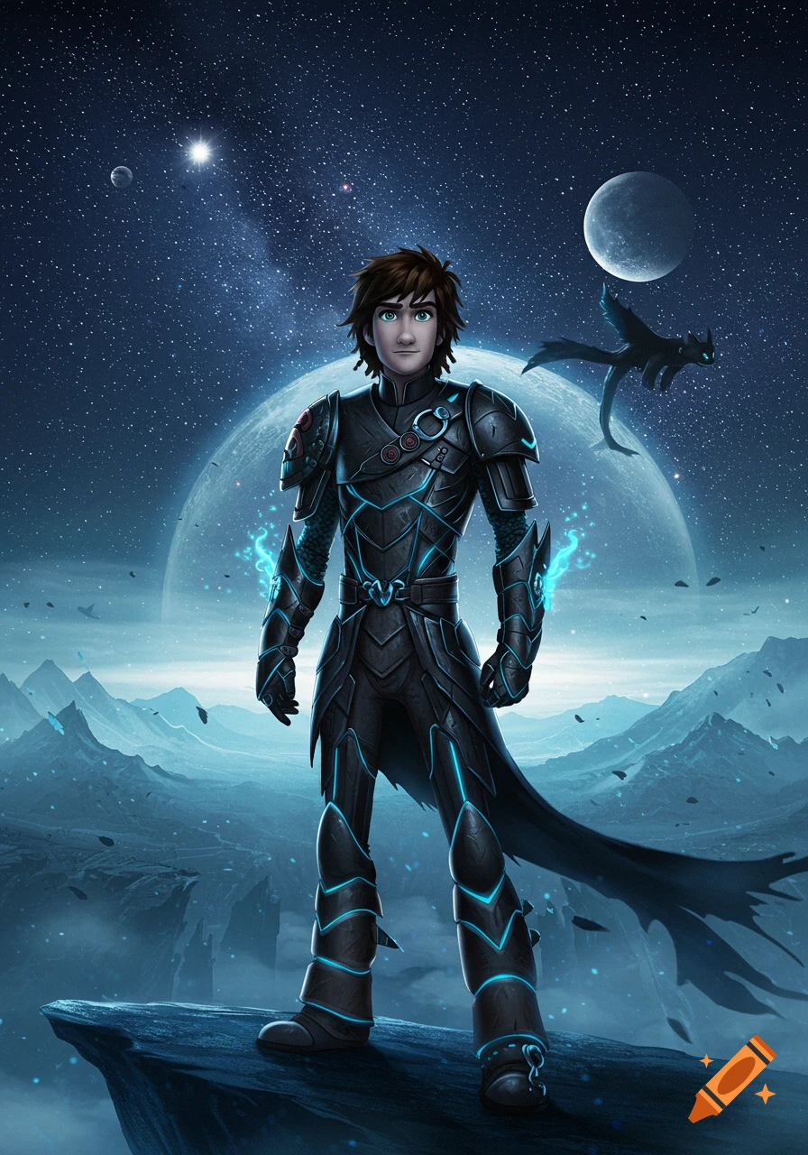 Animated Hiccup in dark armor with blue glowing accents standing on a rocky alien planet under a starry sky with a large moon and a silhouette of Toothless.