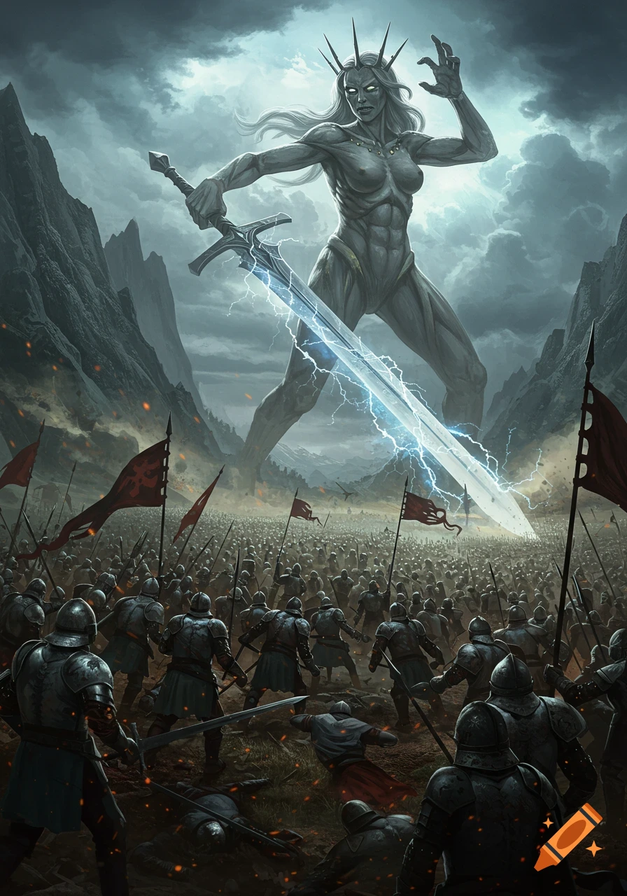 A colossal grey-skinned giantess with a lightning sword battles a vast army of medieval soldiers under a stormy sky.