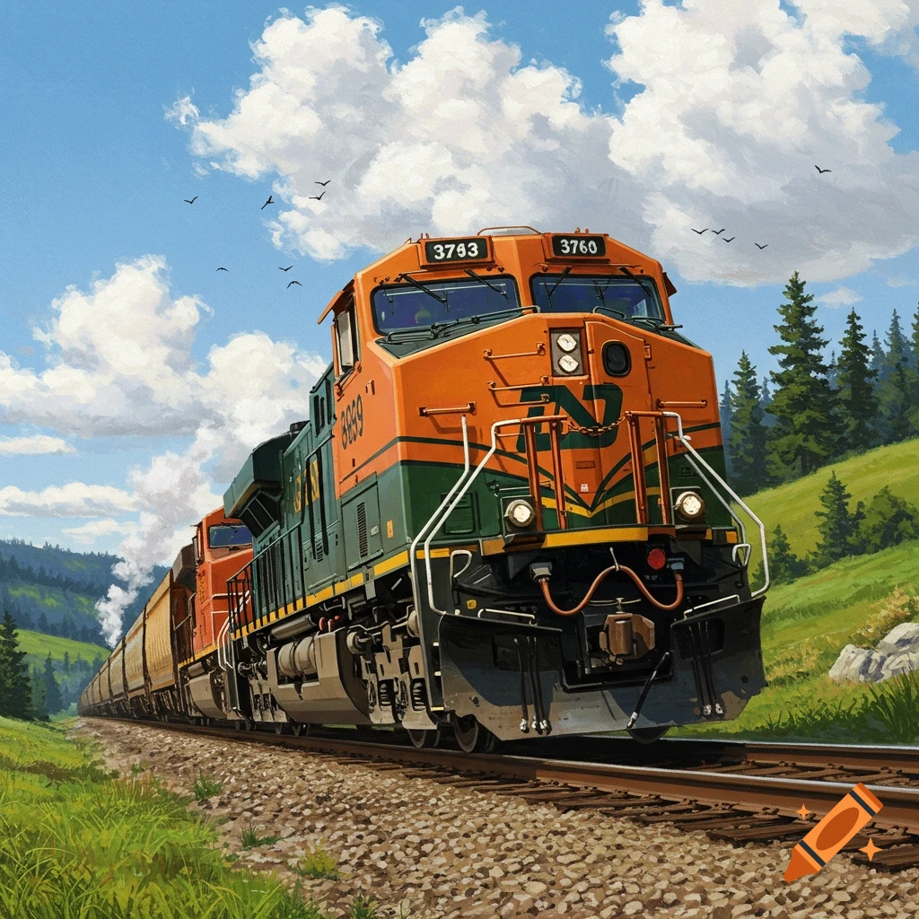 An orange and green locomotive pulls freight cars through a lush green valley under a blue, cloudy sky, painted in a realistic style.