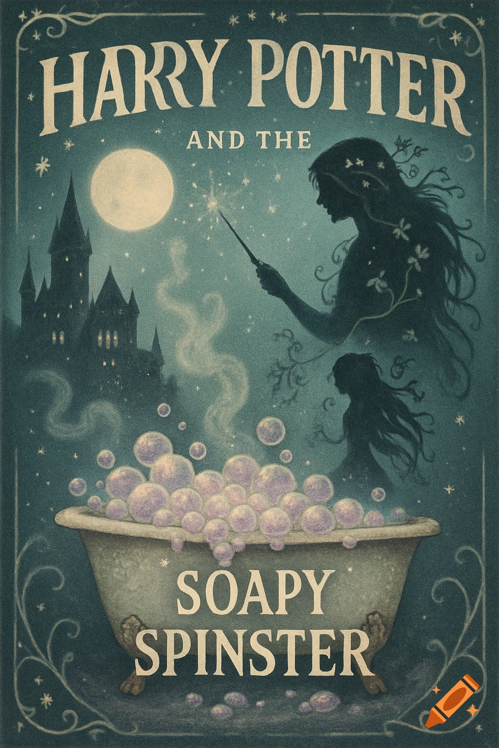 A vintage-style book cover for 'Harry Potter and the Soapy Spinster' with a witch, castle, moon, and bubble bath.