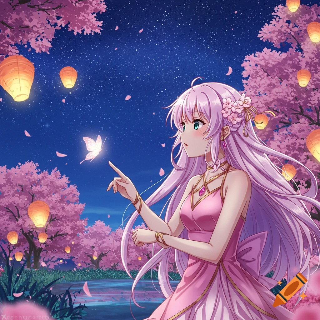 Anime girl in a pink dress pointing at a glowing butterfly at night under cherry blossom trees with lanterns.