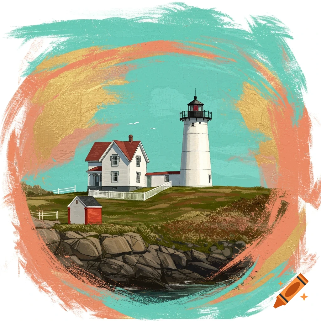 A vibrant painting of Nubble Lighthouse and a white house on a rocky coast, framed by abstract brushstrokes.