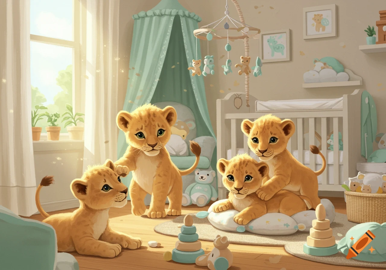 Cute illustrated baby lions playing in a bright nursery with a crib, mobile, and toys.