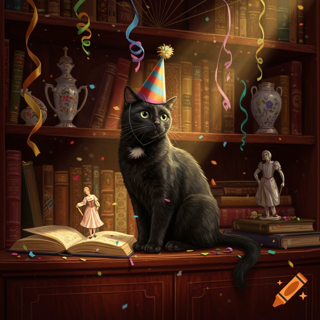 A black cat wearing a colorful party hat sits on a bookshelf in a library with confetti and tiny figures.