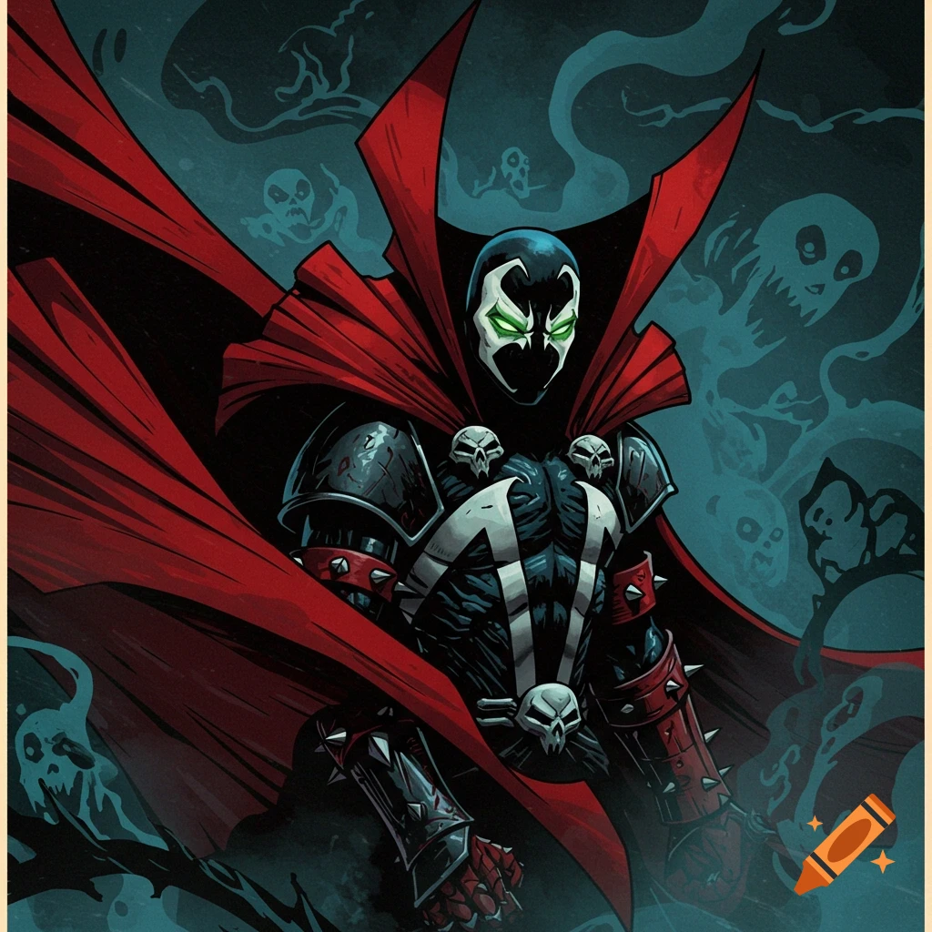 A dark, shadowy comic book style illustration of Spawn, a supernatural figure in a black suit with a large red cape and glowing green eyes, surrounded by ghostly figures.