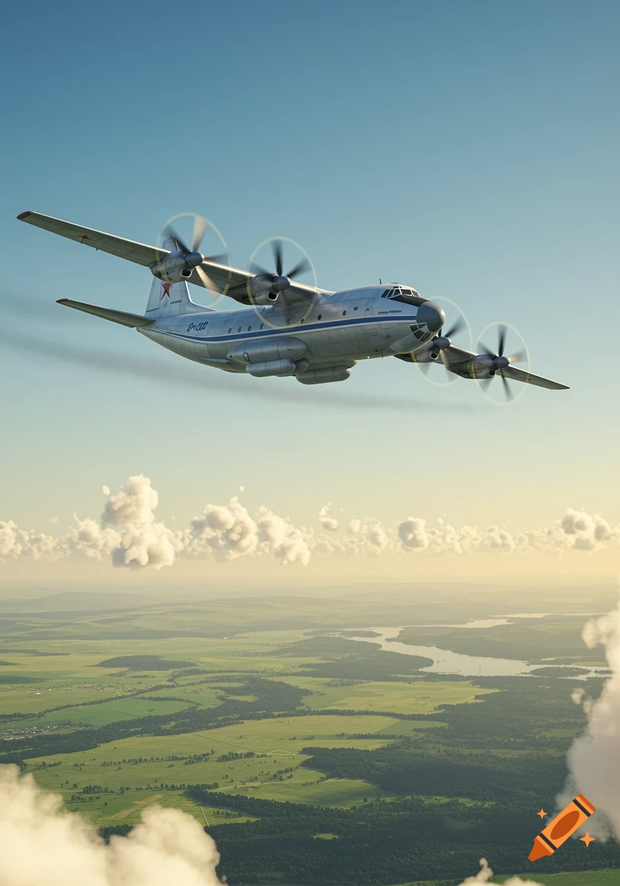 A photorealistic Antonov An-12 turboprop aircraft flies over a green, tree-lined landscape with a winding river under a clear, blue sky.