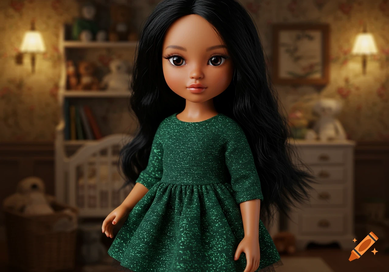 A realistic doll with long black hair and a sparkly green dress stands in a blurry child's room.