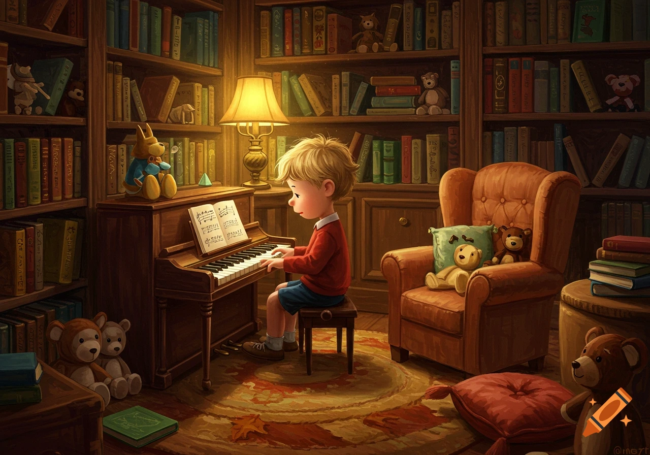 A young boy with blond hair plays a piano in a warm, cozy library filled with bookshelves and teddy bears.