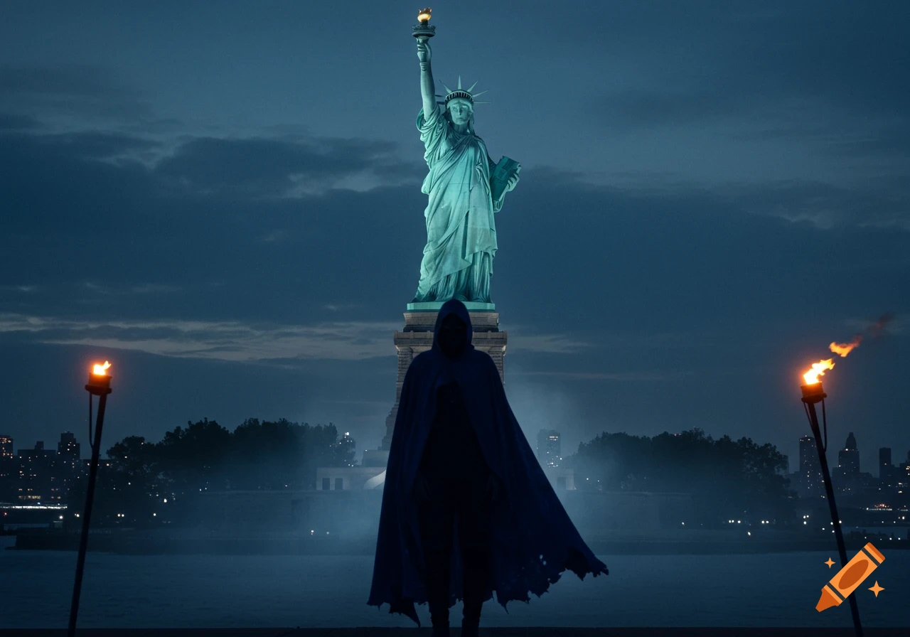 A dark cloaked figure stands before the Statue of Liberty at night, flanked by two burning torches in a mysterious, photorealistic scene.