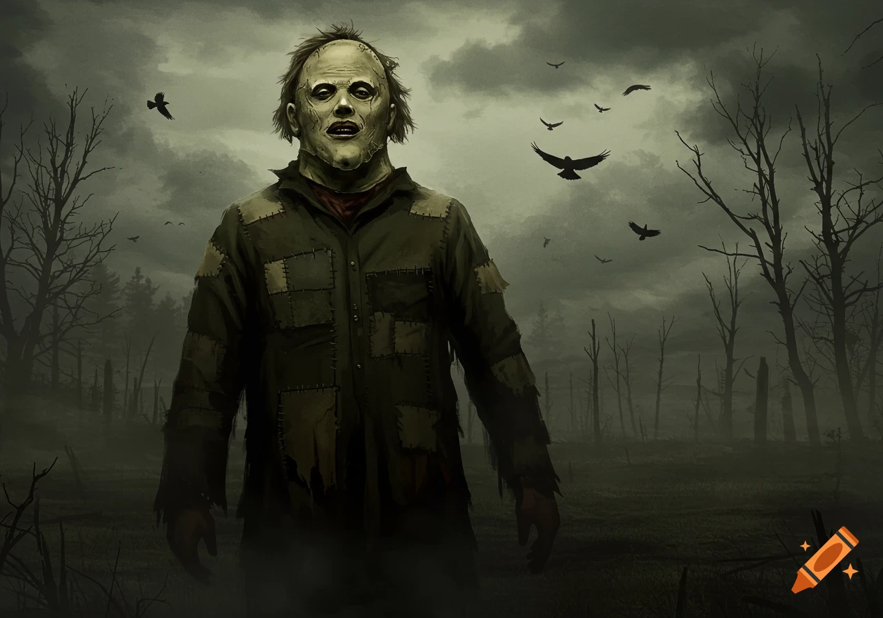 A creepy figure with a skin mask and patched shirt stands in a misty, desolate landscape with dead trees and crows, in a dark art style.